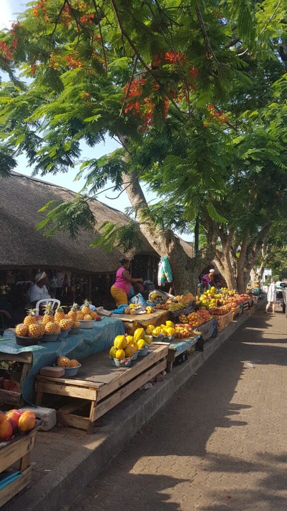 fruit and vegetable market stalls under trees in St Lucia