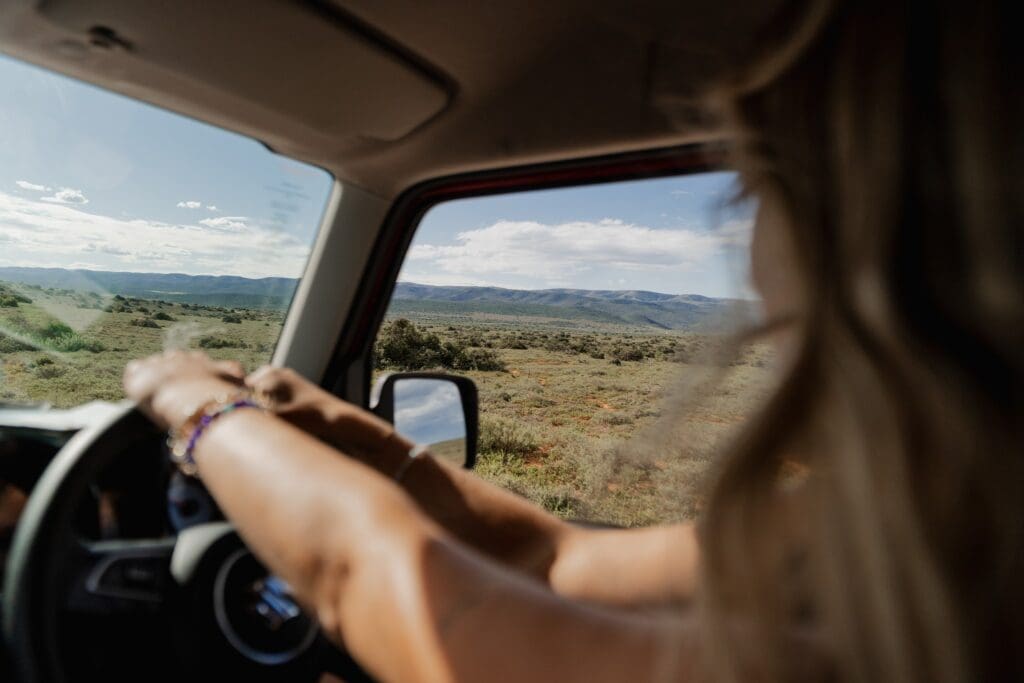 person driving a car through a vast, arid landscape